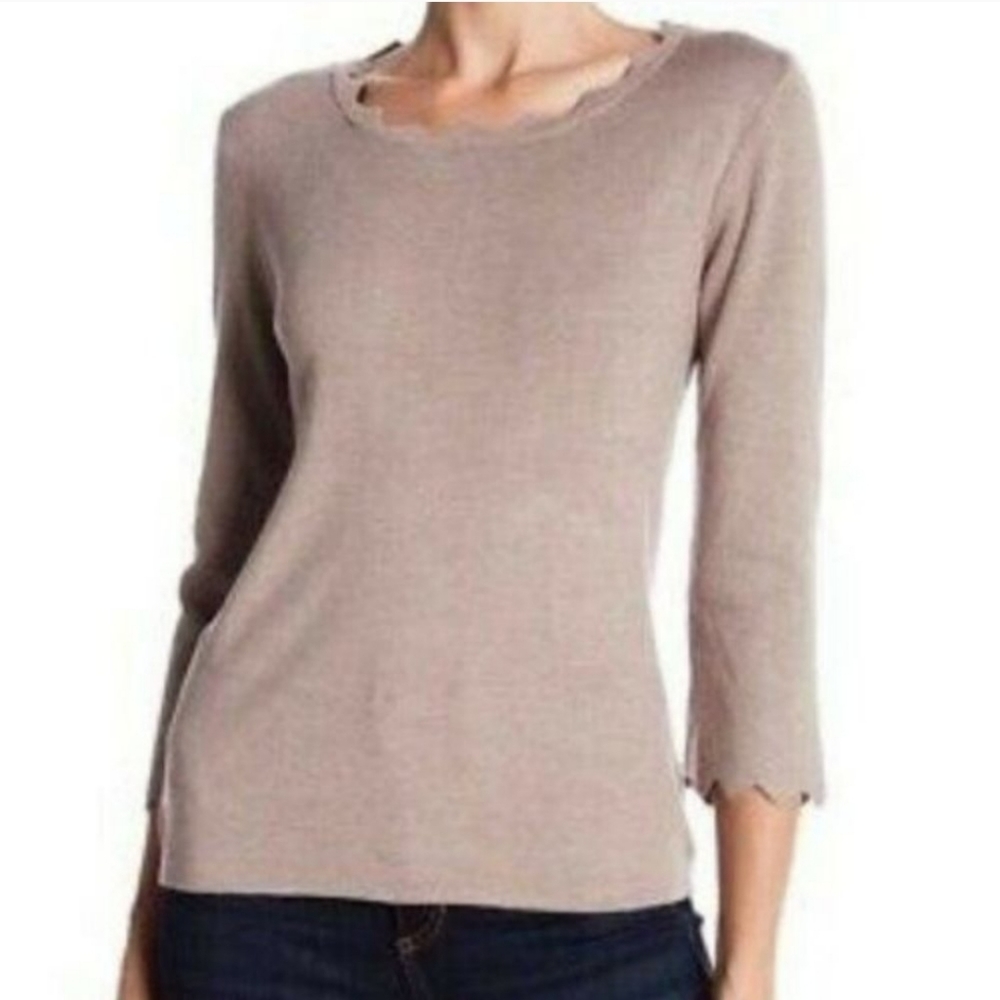 Philosophy Apparel Women's Taupe Scallop Trimmed 3/4 Sleeve Knit Sweater M
